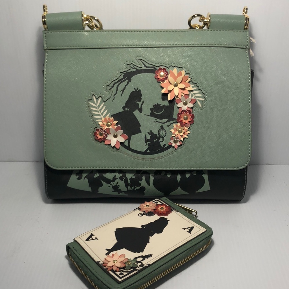 Loungefly Disney Alice In Wonderland Green & Black Floral Shoulder Bag w/ Wallet